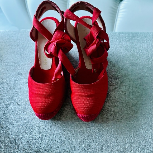 Stuart Weitzman Marguerita Canvas Wedge Sandal Red Size 6 pre-owned - Picture 5 of 9